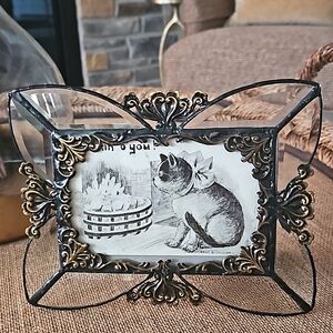 Antique 1910 Ephemera Postcard Kitty Cat with Bow in Beveled Glass Picture Frame